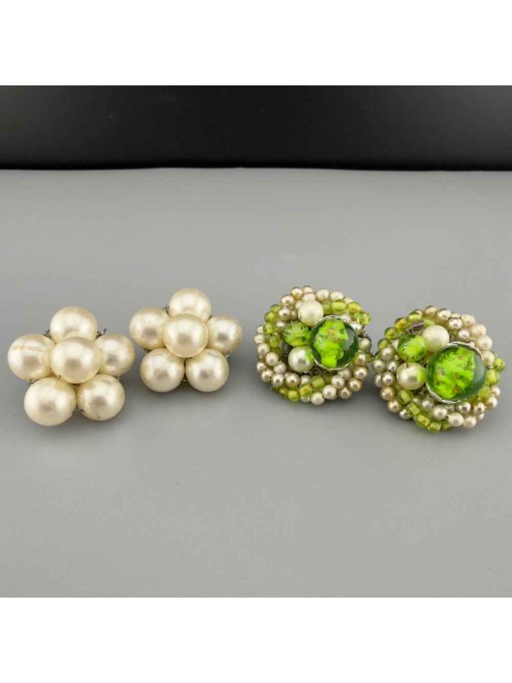 Vintage Clip-On Earrings Set Faux Pearls Green Art Glass Flower Cluster MCM